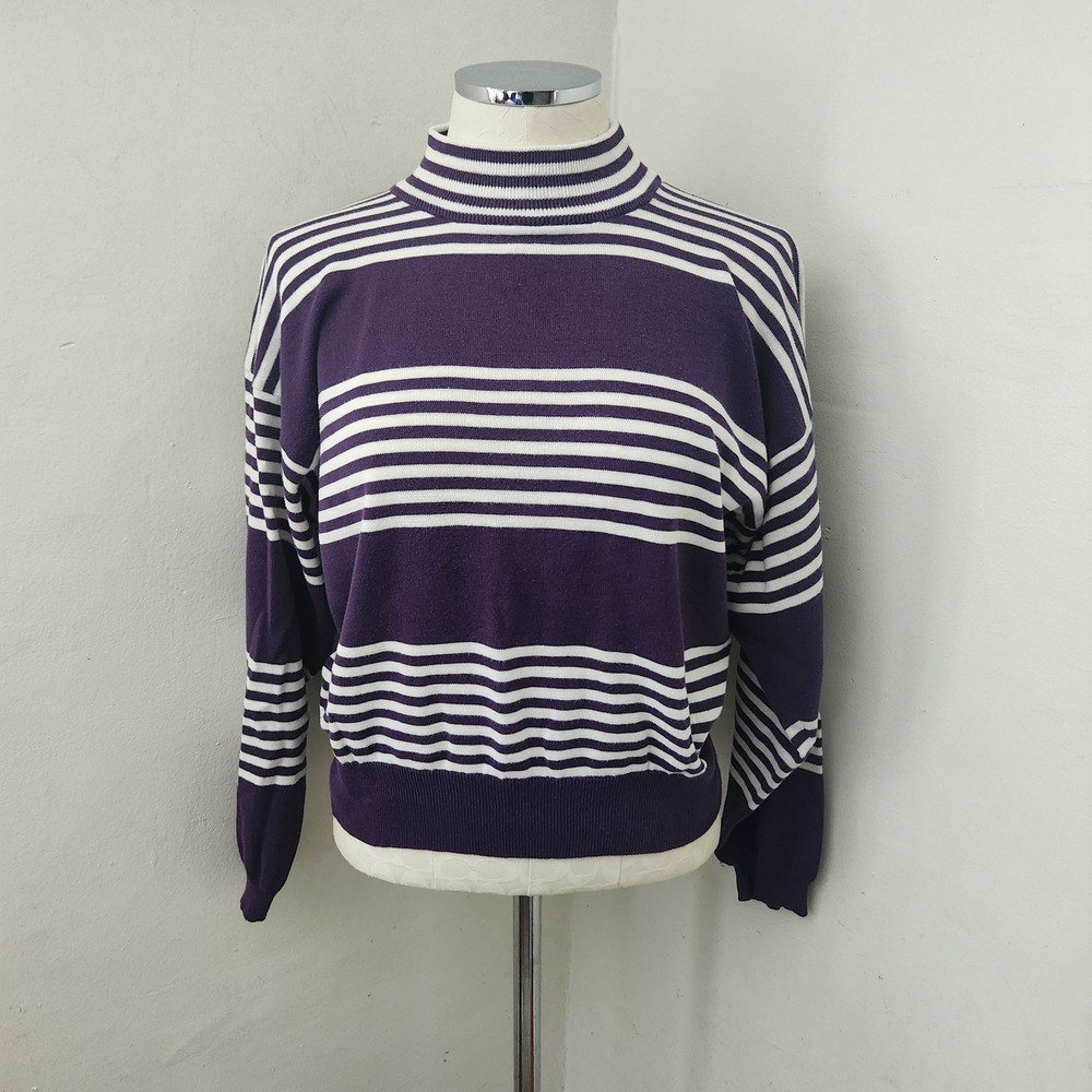 Levante‎ Womens Purple White Striped Mock Neck 100% Cotton Knit Sweater Large
